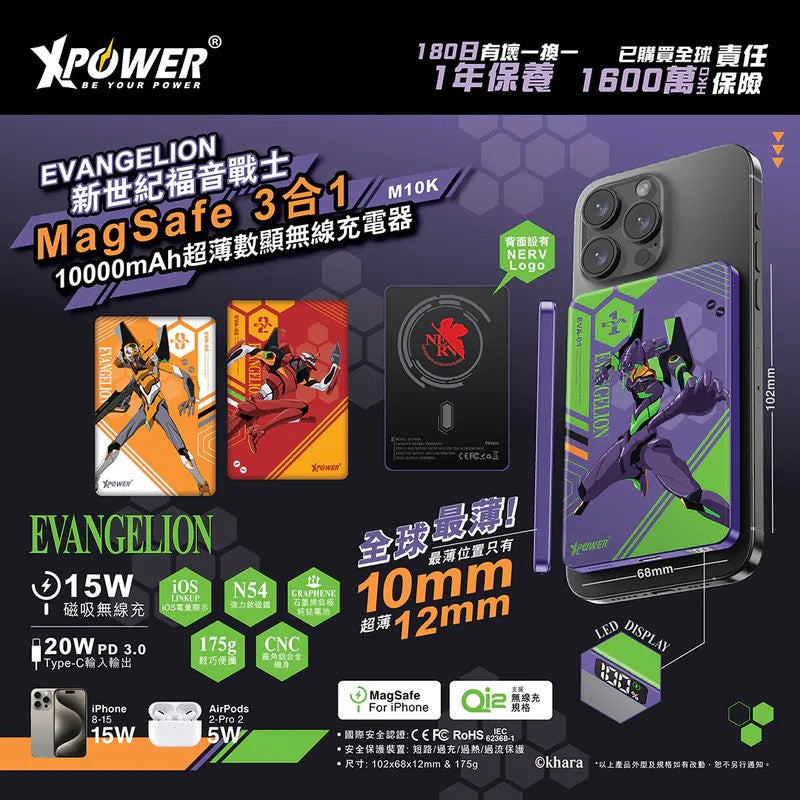 EVA新世紀福音戰士 MagSafe 3合1 10000mAh超薄數顯無線充電器(M10K) 初號機