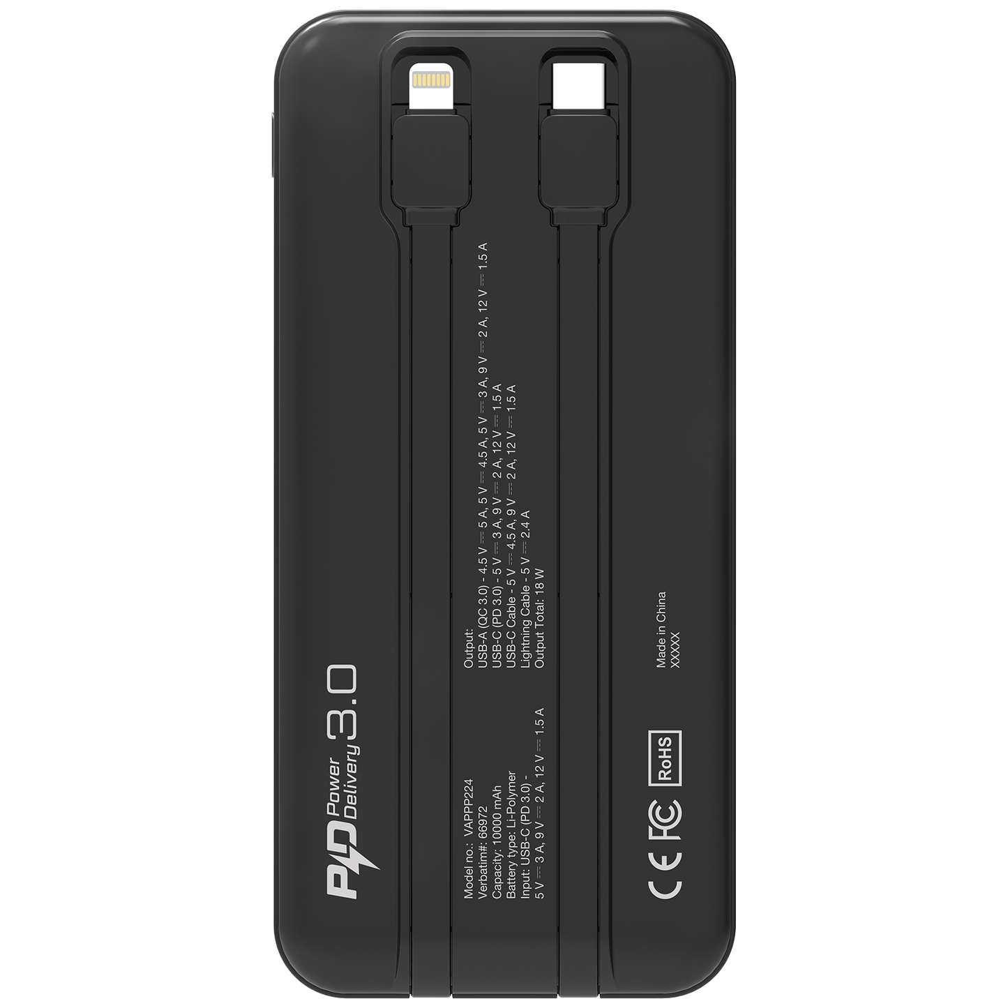 10000mAh PD 3.0 和 QC 3.0 流動充電池 (連嵌入式充電線) 66972 67001