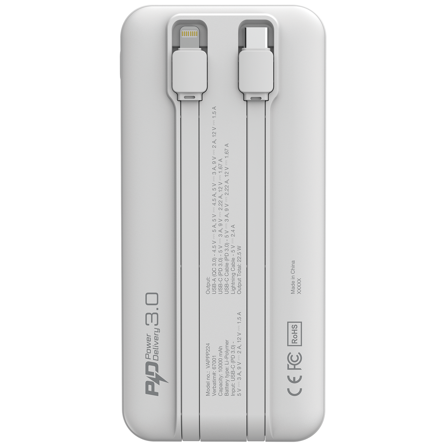 10000mAh PD 3.0 和 QC 3.0 流動充電池 (連嵌入式充電線) 66972 67001